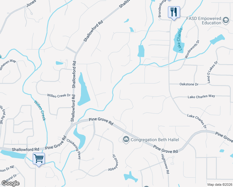 map of restaurants, bars, coffee shops, grocery stores, and more near 3020 Bluffton Way in Roswell