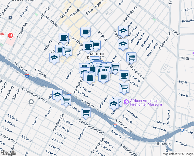 map of restaurants, bars, coffee shops, grocery stores, and more near 740 East Pico Boulevard in Los Angeles