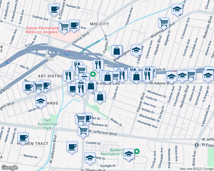 map of restaurants, bars, coffee shops, grocery stores, and more near 2614 Thurman Avenue in Los Angeles