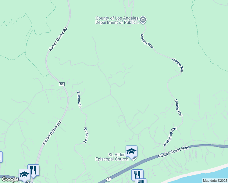 map of restaurants, bars, coffee shops, grocery stores, and more near 5942 Ramirez Canyon Road in Malibu