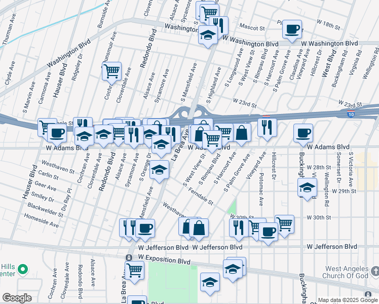 map of restaurants, bars, coffee shops, grocery stores, and more near 2622 South Longwood Avenue in Los Angeles