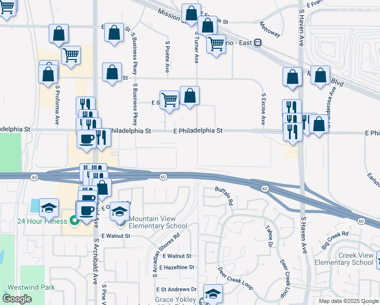 map of restaurants, bars, coffee shops, grocery stores, and more near 2950 East Philadelphia Street in Ontario