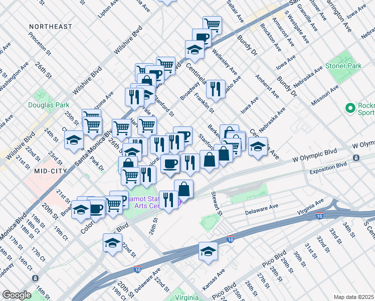map of restaurants, bars, coffee shops, grocery stores, and more near 2834 Colorado Avenue in Santa Monica