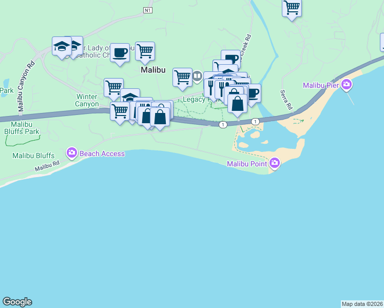 map of restaurants, bars, coffee shops, grocery stores, and more near 23608 Malibu Colony Road in Malibu