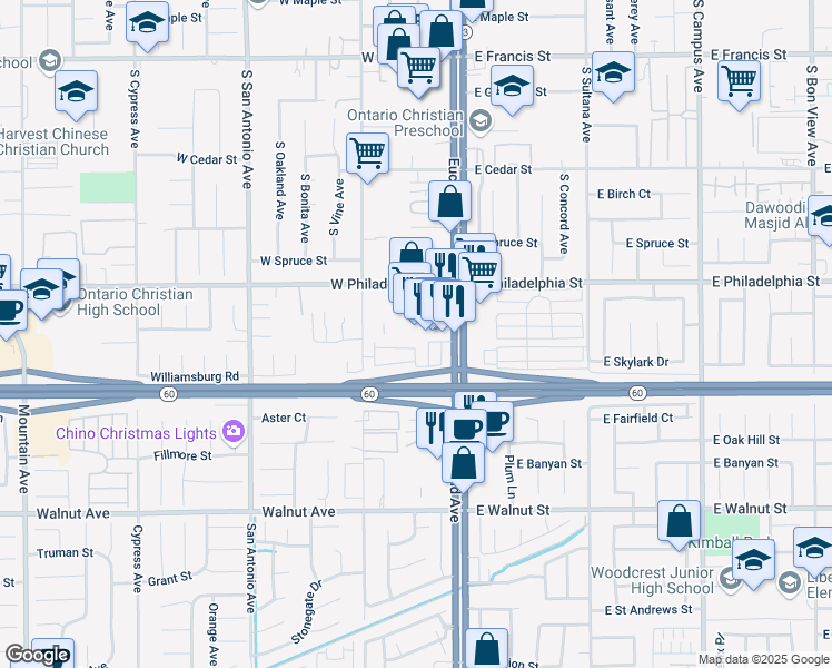 map of restaurants, bars, coffee shops, grocery stores, and more near 2250 South Euclid Avenue in Ontario