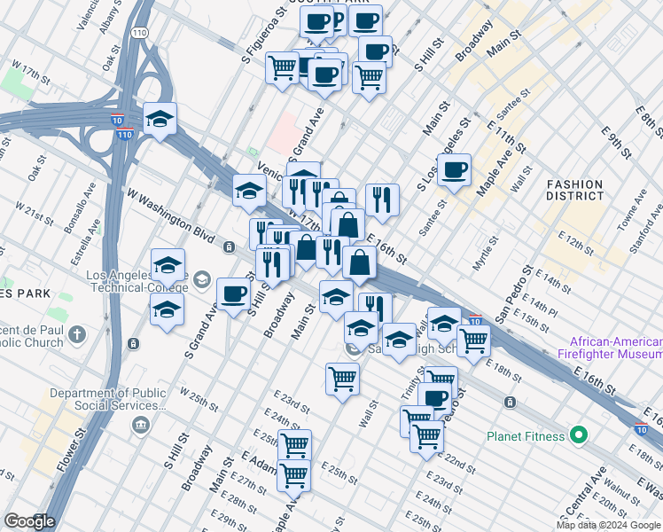 map of restaurants, bars, coffee shops, grocery stores, and more near 2 West 18th Street in Los Angeles