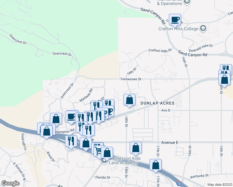 map of restaurants, bars, coffee shops, grocery stores, and more near 12190 Gladys Lane in Yucaipa
