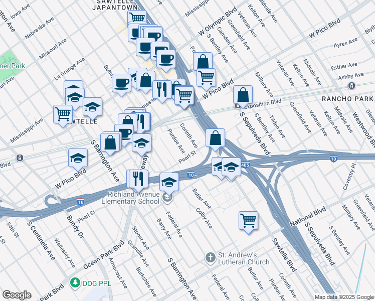 map of restaurants, bars, coffee shops, grocery stores, and more near 2490 Purdue Avenue in Los Angeles