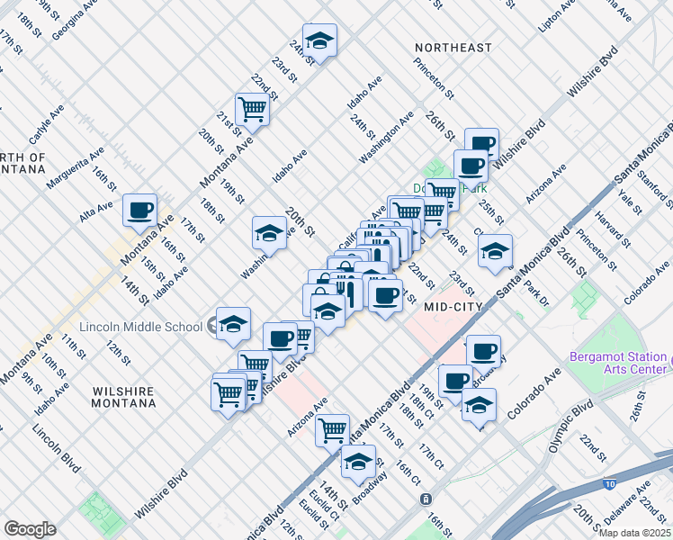 map of restaurants, bars, coffee shops, grocery stores, and more near in Santa Monica