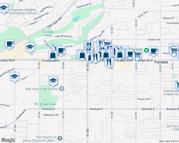map of restaurants, bars, coffee shops, grocery stores, and more near 12189 5th Street in Yucaipa
