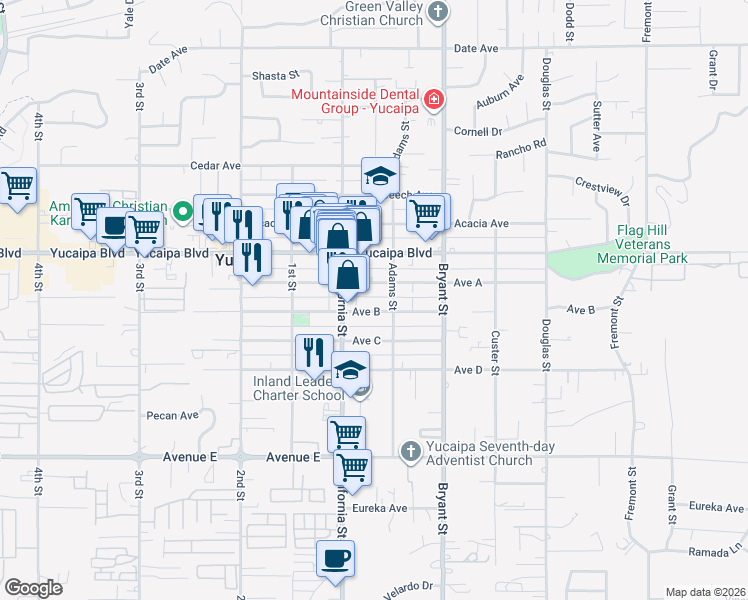 map of restaurants, bars, coffee shops, grocery stores, and more near 35164 Avenue B in Yucaipa