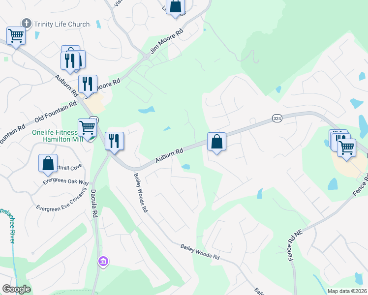 map of restaurants, bars, coffee shops, grocery stores, and more near 1041 Georgia 324 in Dacula
