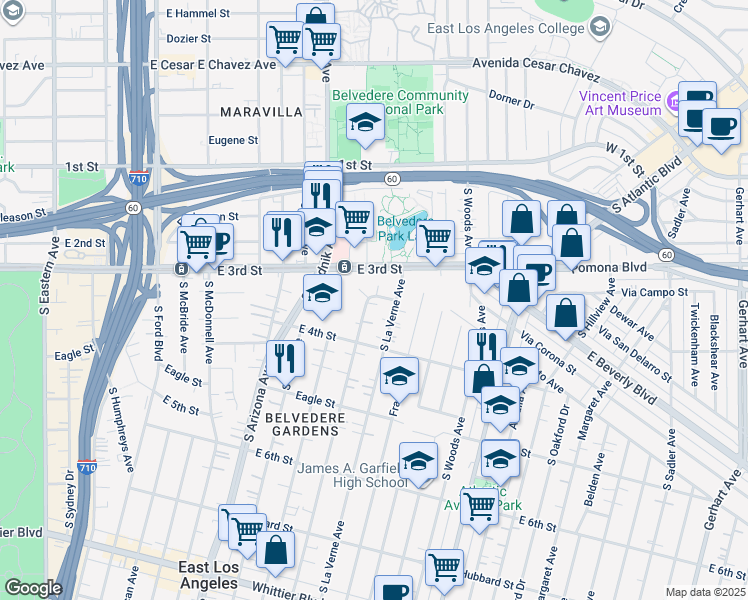 map of restaurants, bars, coffee shops, grocery stores, and more near 4910 Gratian Street in East Los Angeles