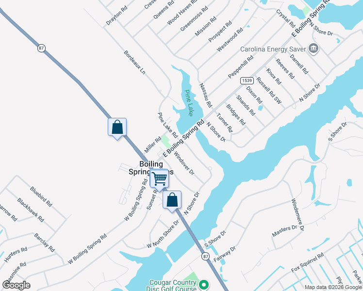 map of restaurants, bars, coffee shops, grocery stores, and more near 198 East Boiling Spring Road in Southport