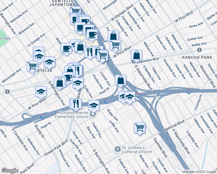 map of restaurants, bars, coffee shops, grocery stores, and more near 11337 Pearl Street in Los Angeles