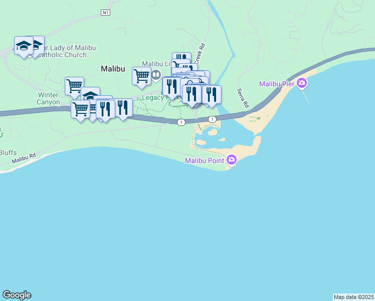 map of restaurants, bars, coffee shops, grocery stores, and more near 23457 Malibu Colony Road in Malibu
