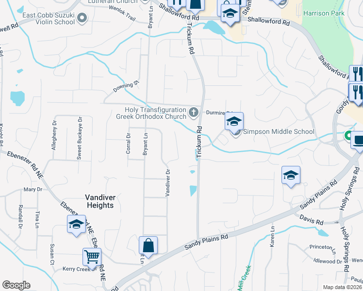 map of restaurants, bars, coffee shops, grocery stores, and more near 2294 Carousel Court in Marietta