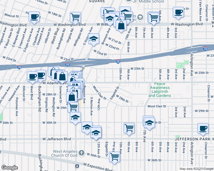 map of restaurants, bars, coffee shops, grocery stores, and more near 4126 West Adams Boulevard in Los Angeles