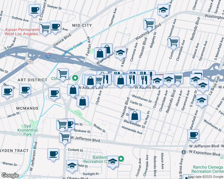 map of restaurants, bars, coffee shops, grocery stores, and more near 5574 West Adams Boulevard in Los Angeles
