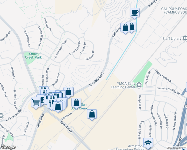 map of restaurants, bars, coffee shops, grocery stores, and more near 22129 Portofino Drive in Walnut