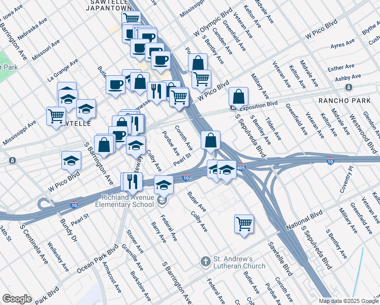 map of restaurants, bars, coffee shops, grocery stores, and more near 11337 Pearl Street in Los Angeles