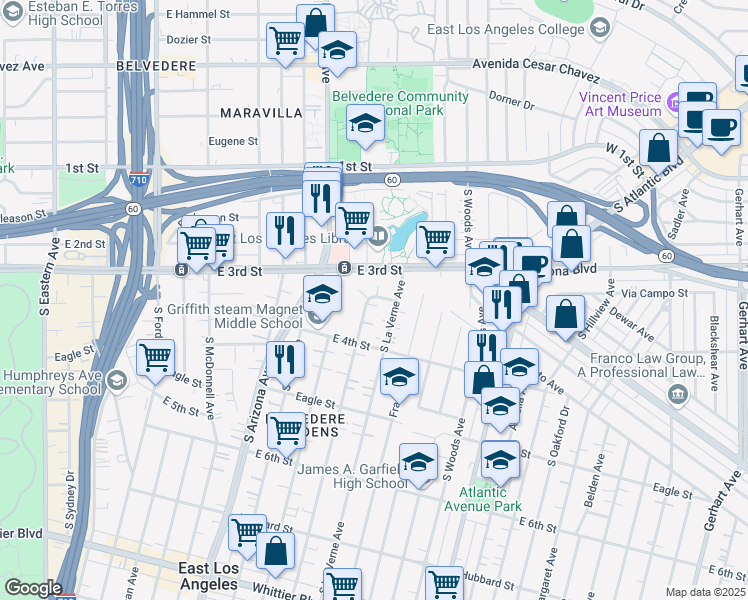 map of restaurants, bars, coffee shops, grocery stores, and more near 4910 Gratian Street in East Los Angeles