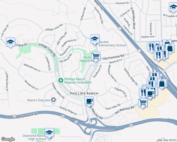 map of restaurants, bars, coffee shops, grocery stores, and more near 8 Vista Court in Pomona