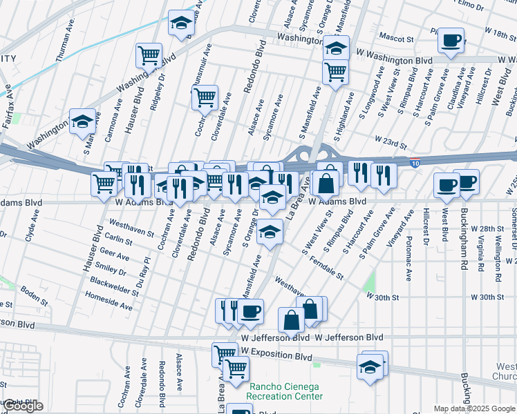 map of restaurants, bars, coffee shops, grocery stores, and more near 2602 South Orange Drive in Los Angeles