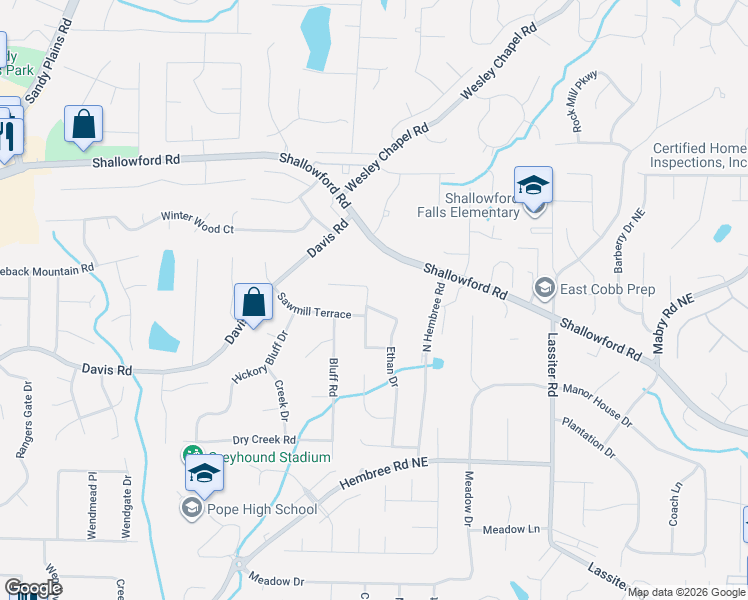 map of restaurants, bars, coffee shops, grocery stores, and more near 3342 Ethan Drive in Marietta