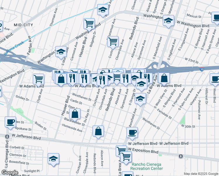 map of restaurants, bars, coffee shops, grocery stores, and more near 2618 South Cloverdale Avenue in Los Angeles
