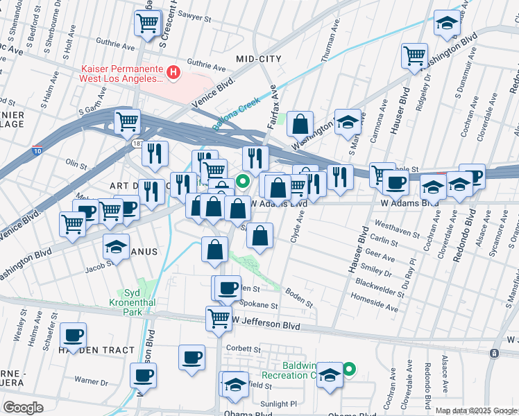map of restaurants, bars, coffee shops, grocery stores, and more near 2613 South Spaulding Avenue in Los Angeles
