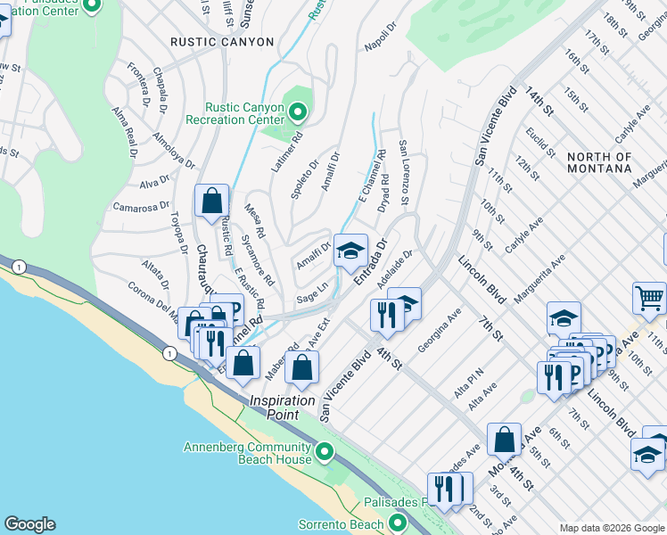 map of restaurants, bars, coffee shops, grocery stores, and more near 217 Amalfi Drive in Santa Monica