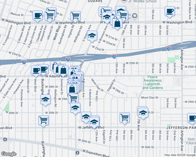 map of restaurants, bars, coffee shops, grocery stores, and more near 4225 Mont Clair Street in Los Angeles