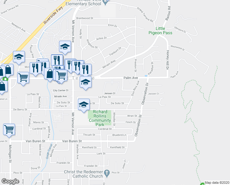 map of restaurants, bars, coffee shops, grocery stores, and more near 22757 Palm Avenue in Grand Terrace