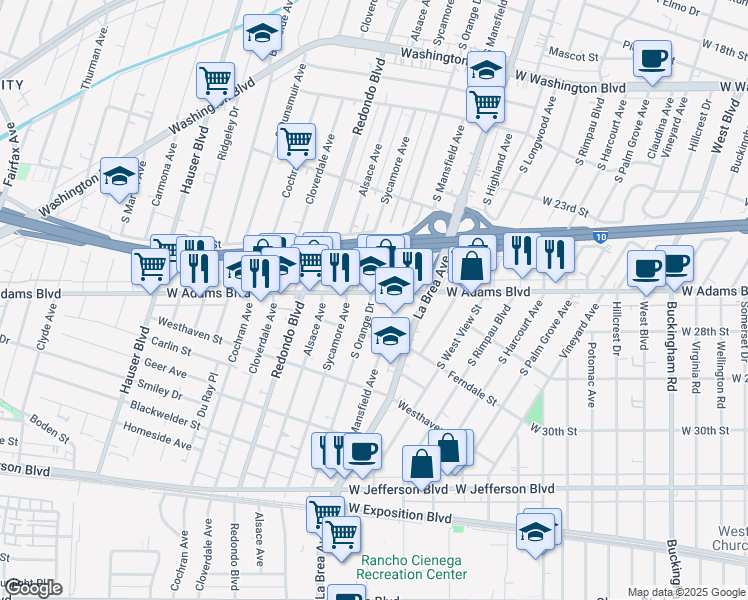 map of restaurants, bars, coffee shops, grocery stores, and more near 2610 South Orange Drive in Los Angeles
