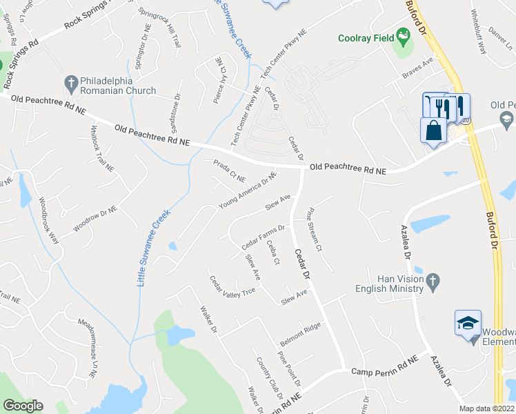 map of restaurants, bars, coffee shops, grocery stores, and more near 489 Slew Avenue in Lawrenceville