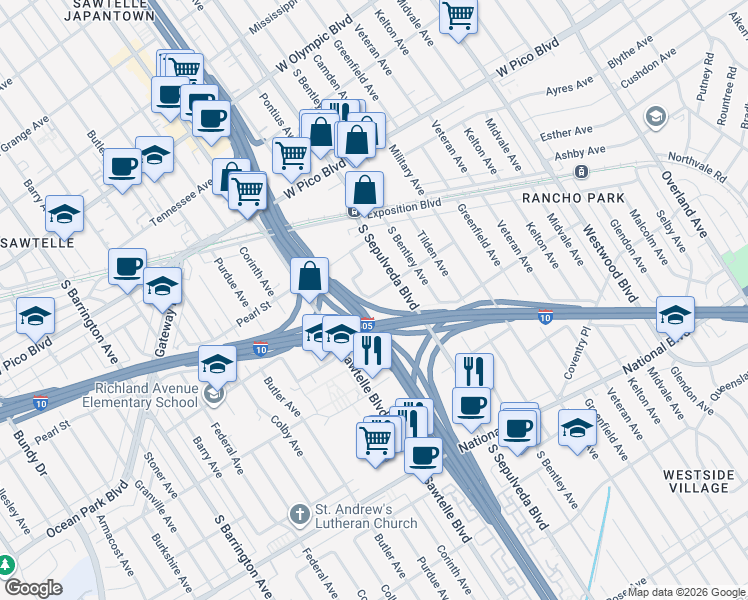 map of restaurants, bars, coffee shops, grocery stores, and more near 11234 Richland Avenue in Los Angeles