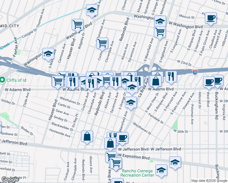 map of restaurants, bars, coffee shops, grocery stores, and more near 2605 South Sycamore Avenue in Los Angeles