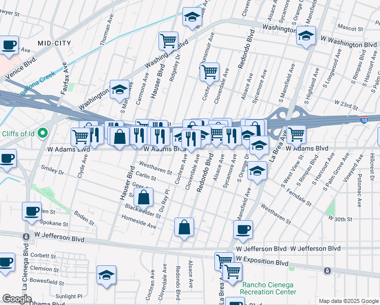 map of restaurants, bars, coffee shops, grocery stores, and more near 2617 South Cochran Avenue in Los Angeles