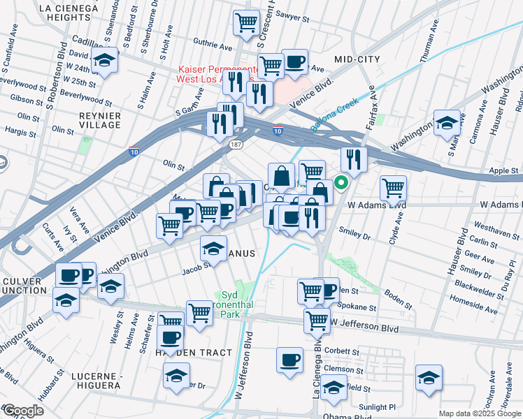 map of restaurants, bars, coffee shops, grocery stores, and more near 5963 Washington Boulevard in Culver City