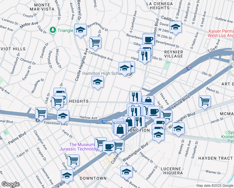 map of restaurants, bars, coffee shops, grocery stores, and more near 3139 South Durango Avenue in Los Angeles