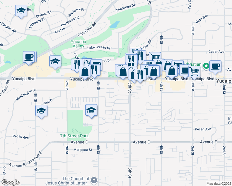 map of restaurants, bars, coffee shops, grocery stores, and more near 34199 Yucaipa Boulevard in Yucaipa