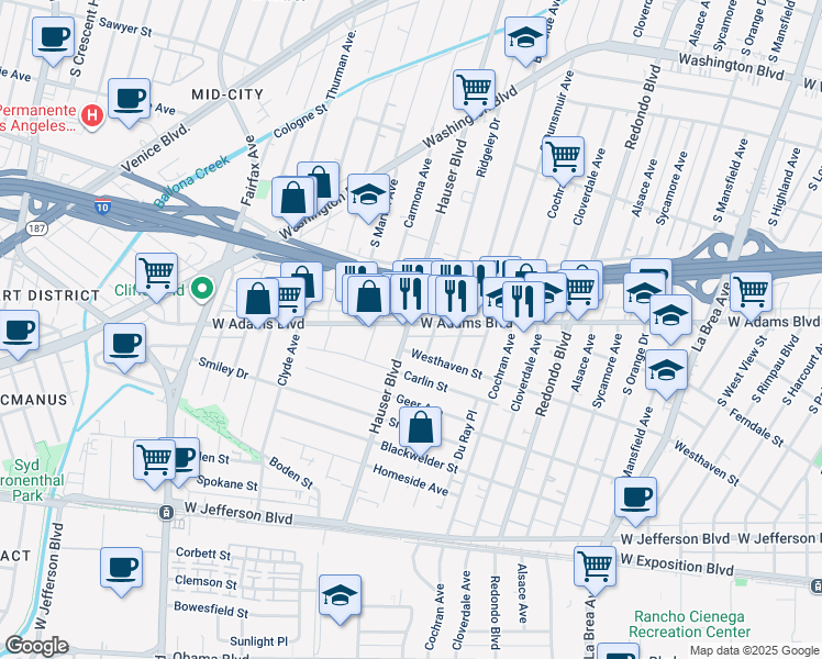 map of restaurants, bars, coffee shops, grocery stores, and more near 5476 West Adams Boulevard in Los Angeles
