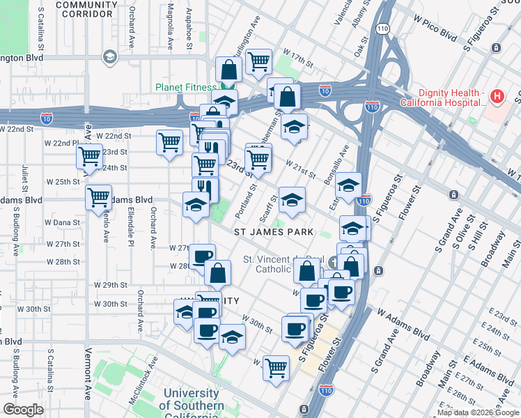 map of restaurants, bars, coffee shops, grocery stores, and more near 2343 Scarff Street in Los Angeles