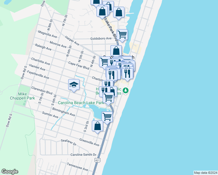 map of restaurants, bars, coffee shops, grocery stores, and more near 108 Lake Park Boulevard South in Carolina Beach