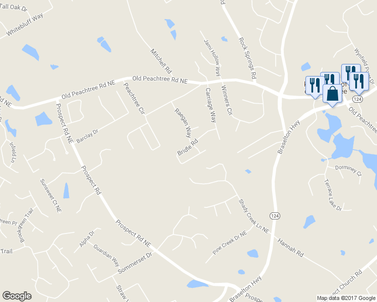 map of restaurants, bars, coffee shops, grocery stores, and more near 1911 Bridle Road in Lawrenceville