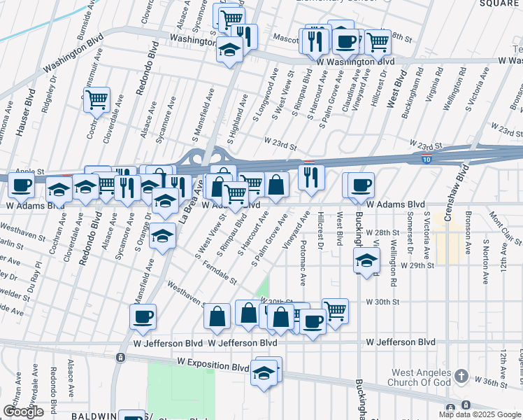 map of restaurants, bars, coffee shops, grocery stores, and more near 4860 West Adams Boulevard in Los Angeles