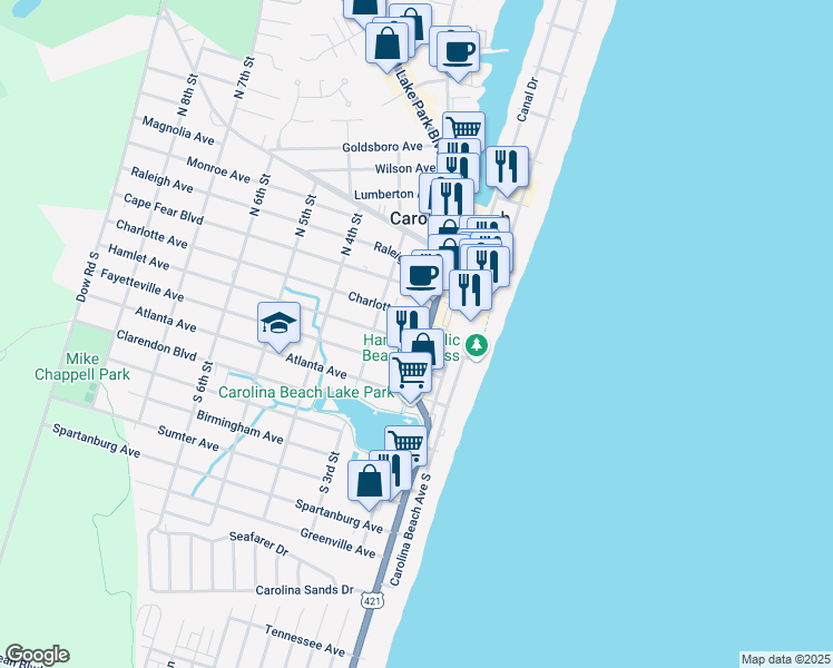 map of restaurants, bars, coffee shops, grocery stores, and more near 108 South Lake Park Boulevard in Carolina Beach