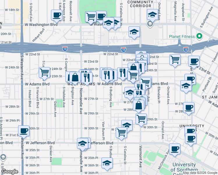 map of restaurants, bars, coffee shops, grocery stores, and more near 1550 West Adams Boulevard in Los Angeles