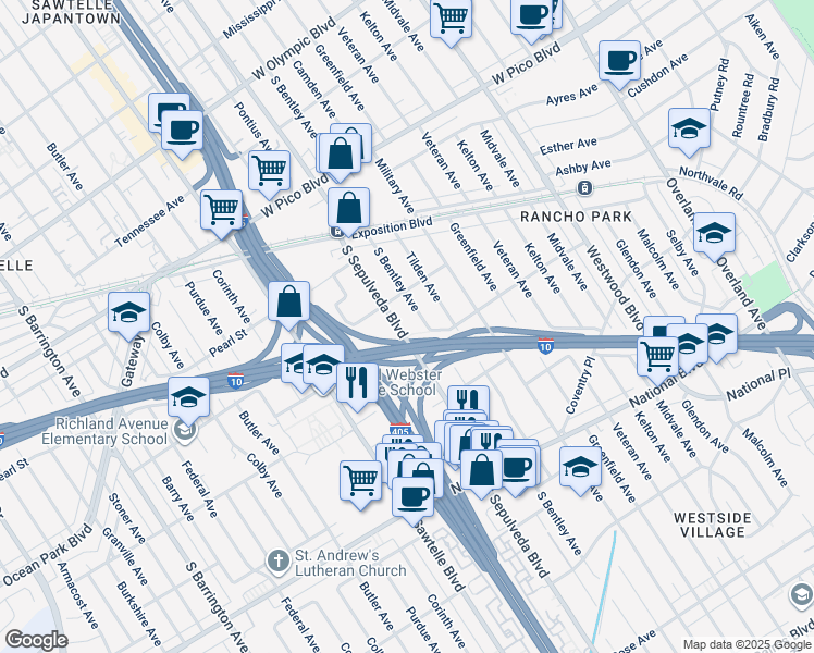 map of restaurants, bars, coffee shops, grocery stores, and more near 2647 South Bentley Avenue in Los Angeles